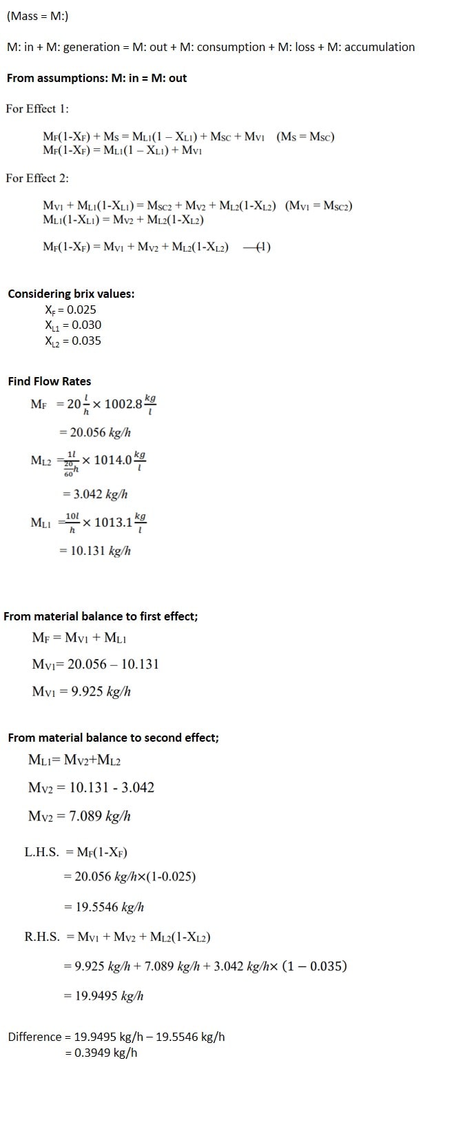 apply mass balance for double effect evaporator
